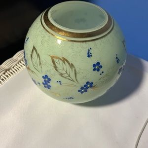 Vintage glass round vase with hand painted floral design  gold trim